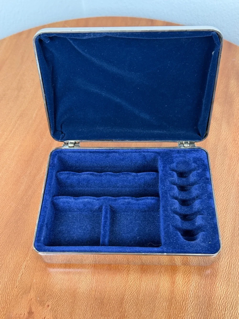 Vintage Silver Plated Jewelry Box w/ Gold Colored Bow Blue Velvet Lined